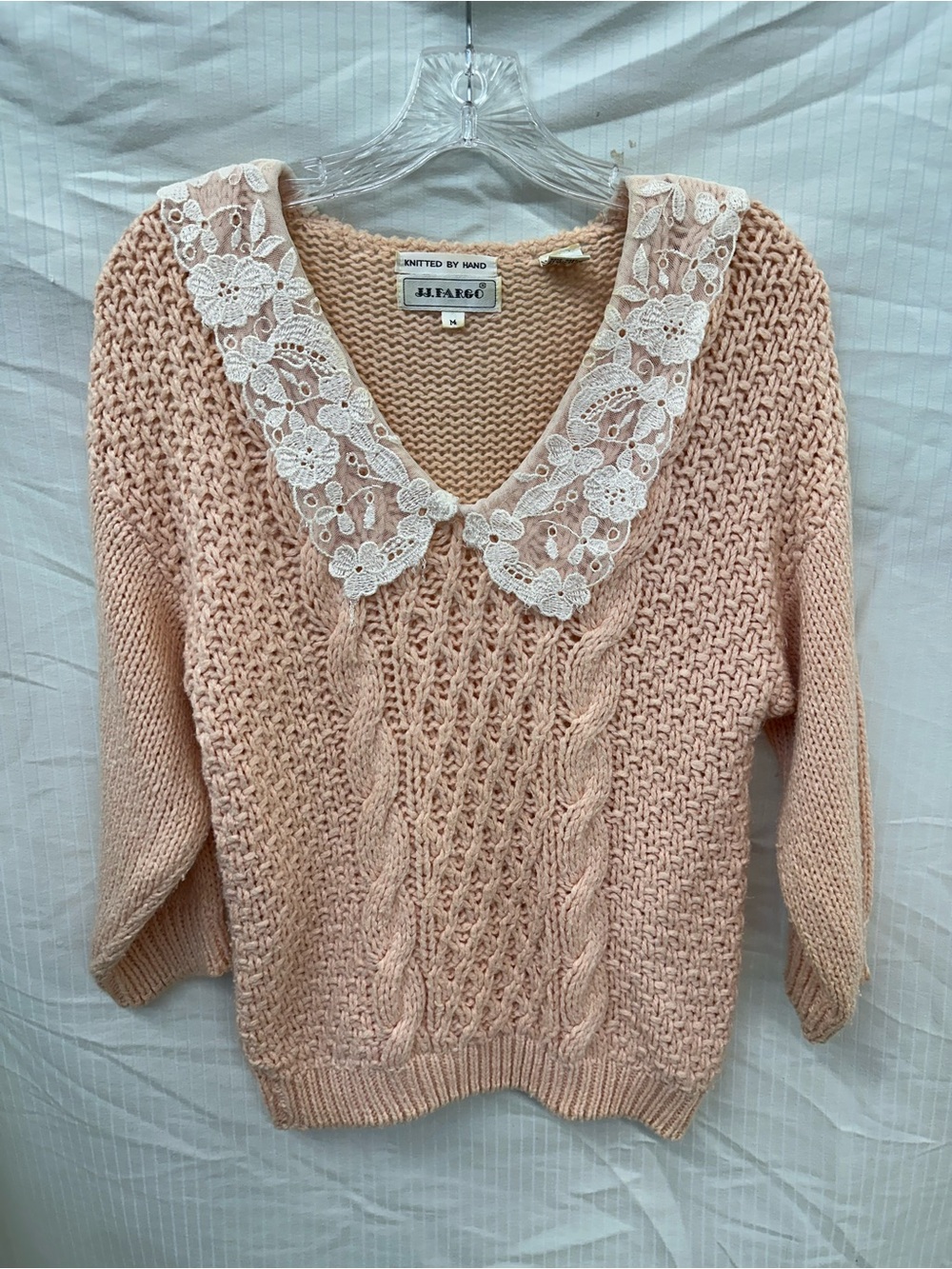 VINTAGE J.J. FARGO Peach Lace-Collar V-Neck Cable Knit Sweater